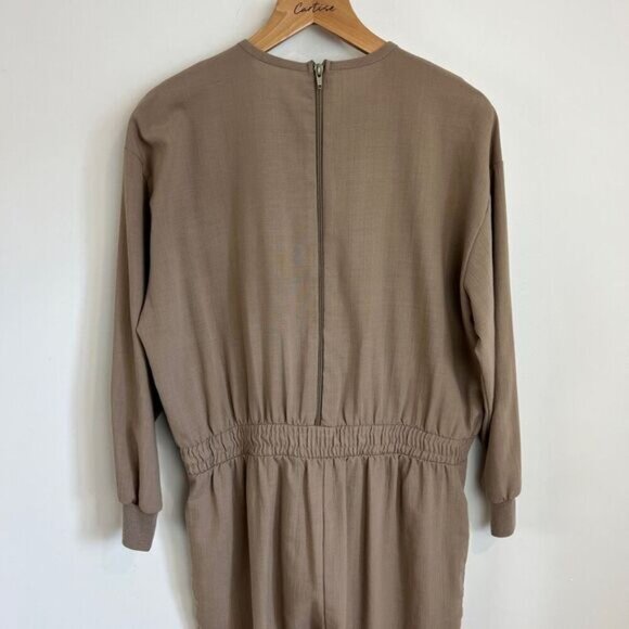 Handmade Womens Large Taupe Grey Long Sleeve Embellished Jewel Neckline Jumpsuit - Picture 8 of 11